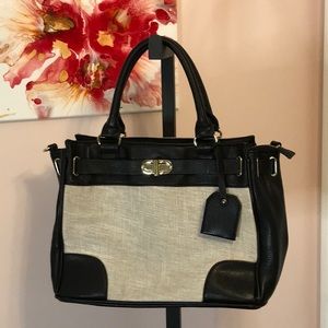 JustFab Handbag, Cream Fabric with Black Polyvinyl Accents